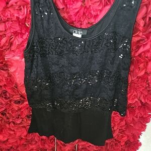 Deb Elegant Black Sequin Tank Top With Crop Overlay Size Xlarge